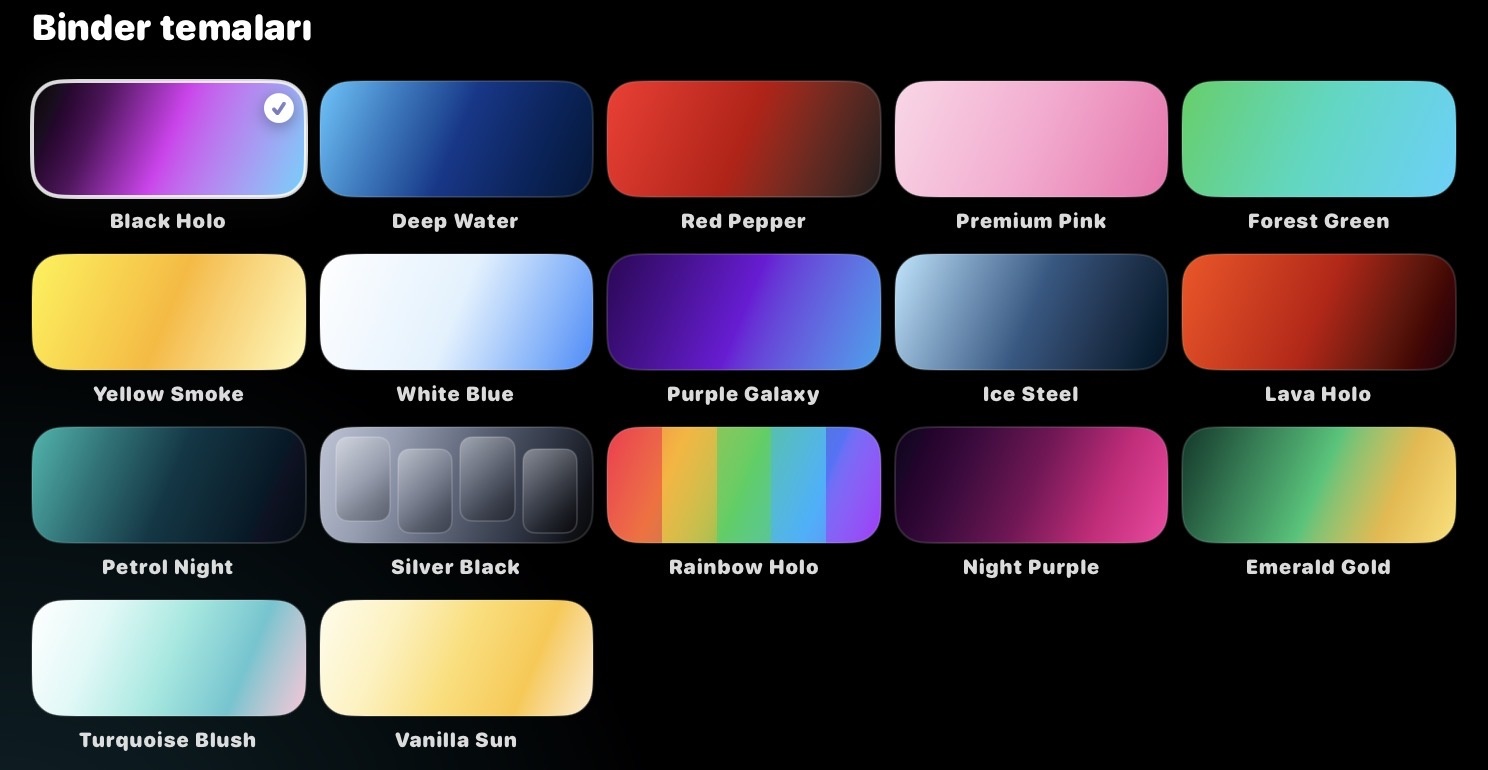 TCG Holo Binder theme selection interface